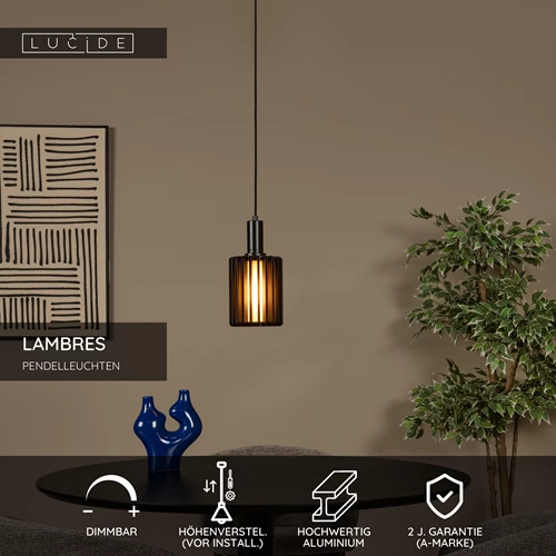 Lucide LAMBRES - Pendelleuchten - Ø 15 cm - 1xE27 - Schwarz - USP